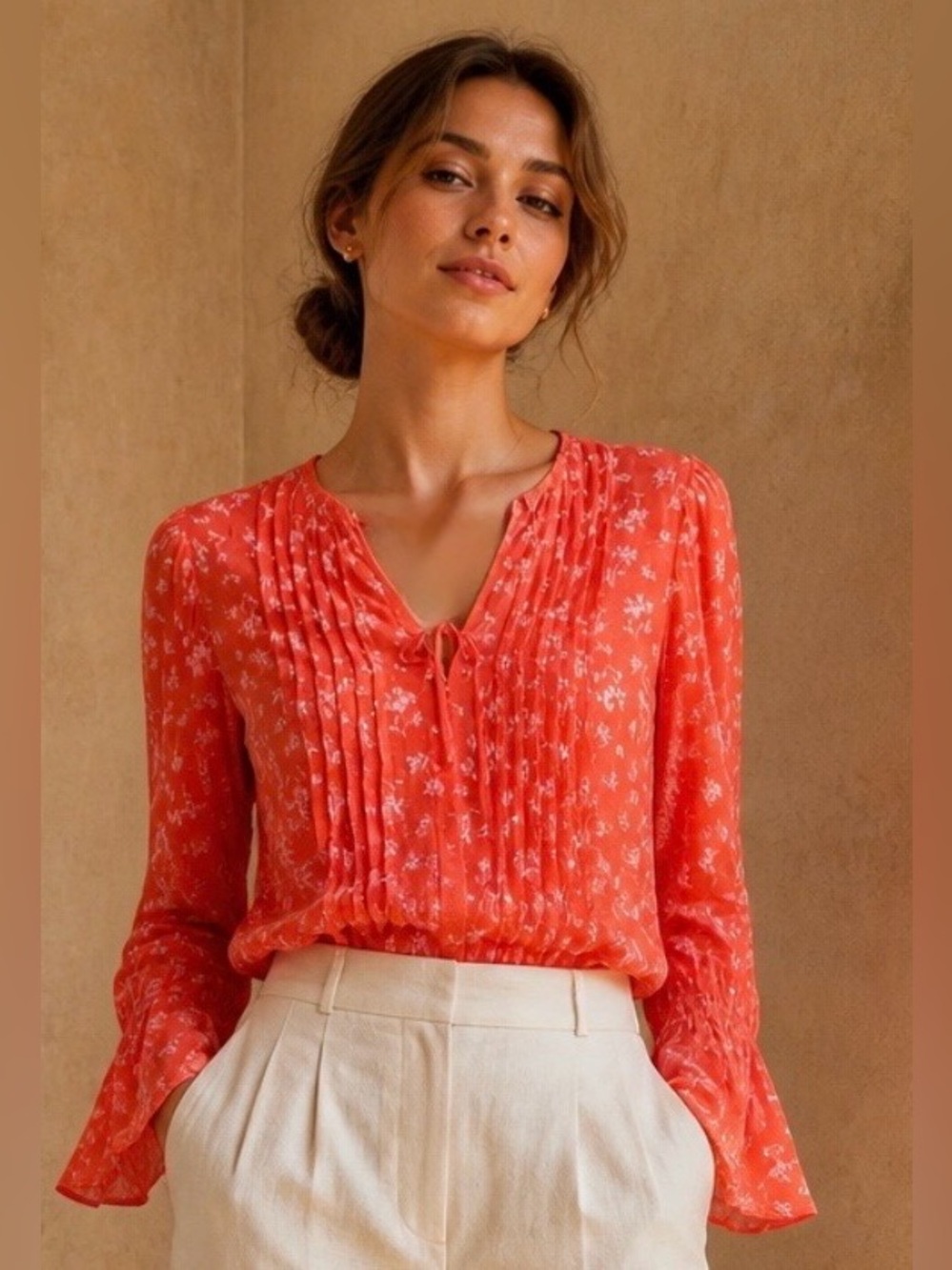 Counterparts Woman’s Coral Floral Pleated Tie-Neck Blouse w/Tie Bell Sleeves S